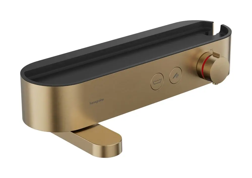Thermostat mit runder Steuerung und zwei Bedientasten, aus gebürstetem Bronze-Material, für die Wandmontage. Mit Hansgrohe-Logo auf der Vorderseite.